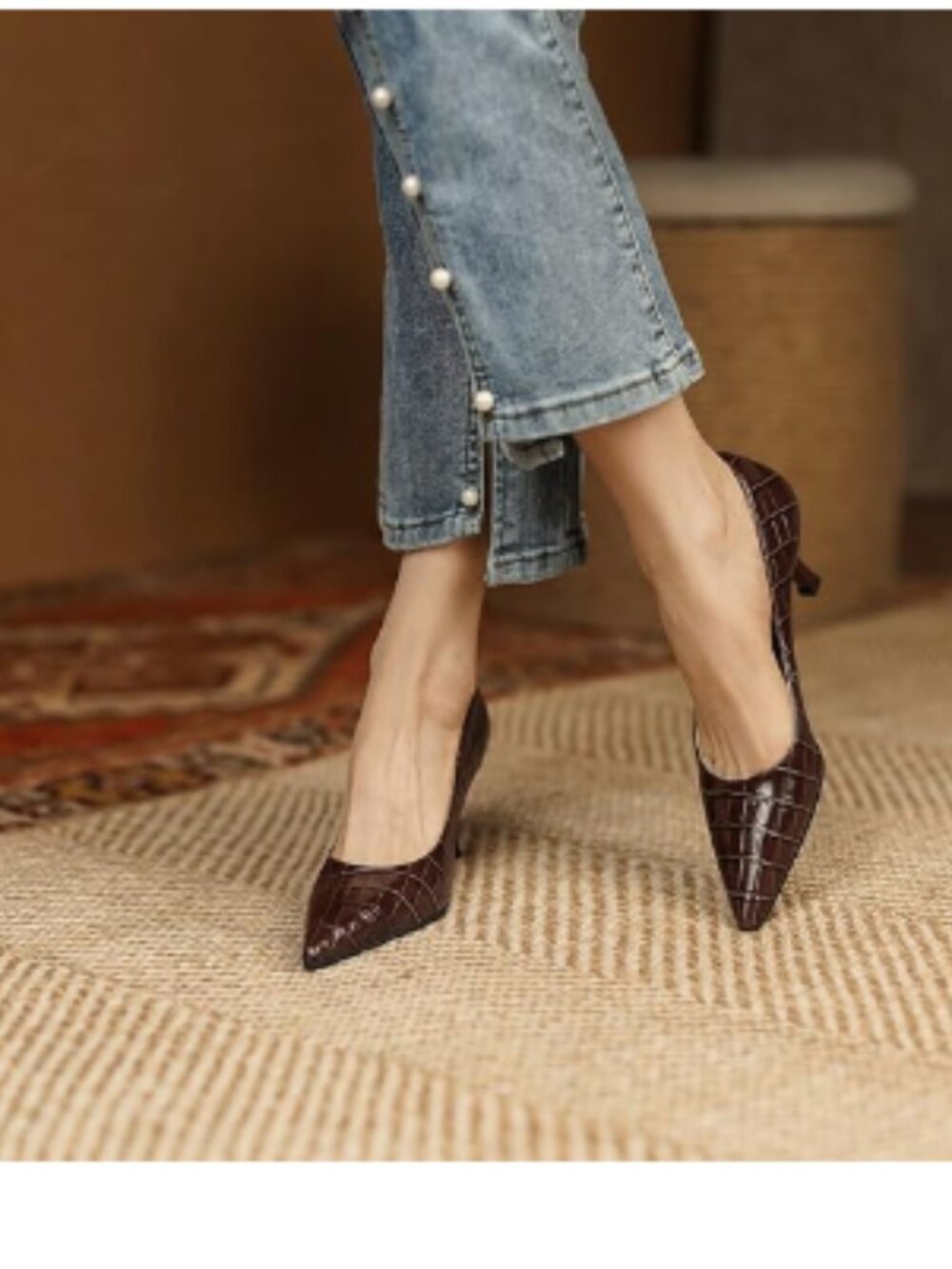 FOWT Brown Solid Croc-Embossed Pointed Toe Pumps Dressy Slip on High Heels Shoe